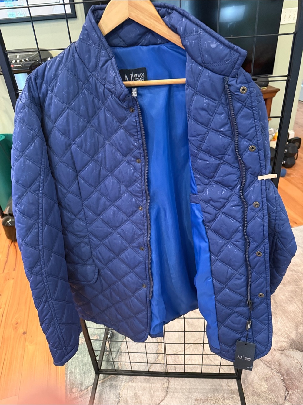 Armani Jeans AJ Men’s Quilted Jacket Blue Logo Print NWT XL Luxury Designer